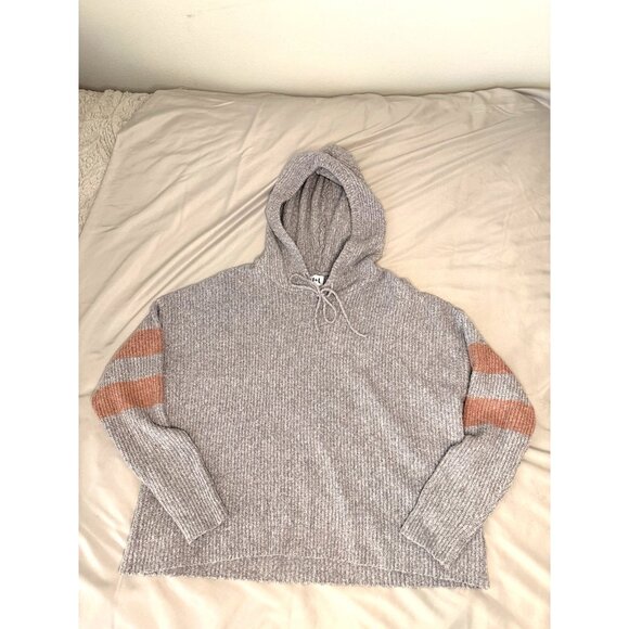 John + Jenn Chenille Hooded Sweater Gray Rust Stripe Sleeve Medium Soft Knit Med - Picture 2 of 9